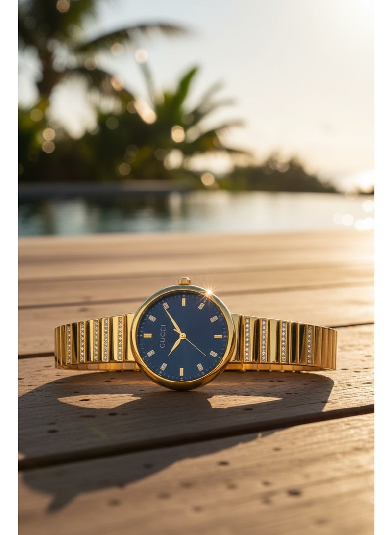 GUCCI Luxury Women’s Analog Wrist Watch – Gold Stainless Steel Bracelet with Blue Dial & Crystal Details - Image 2